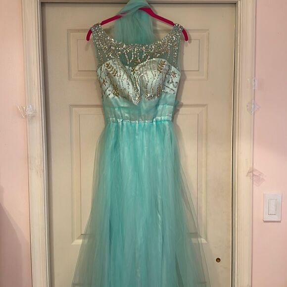 Prom Gown Dress Fancy Sheer Rhinestones Small - Picture 1 of 13